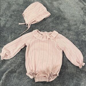 Zara Pink Checkered Baby Outfit with Bonnet
